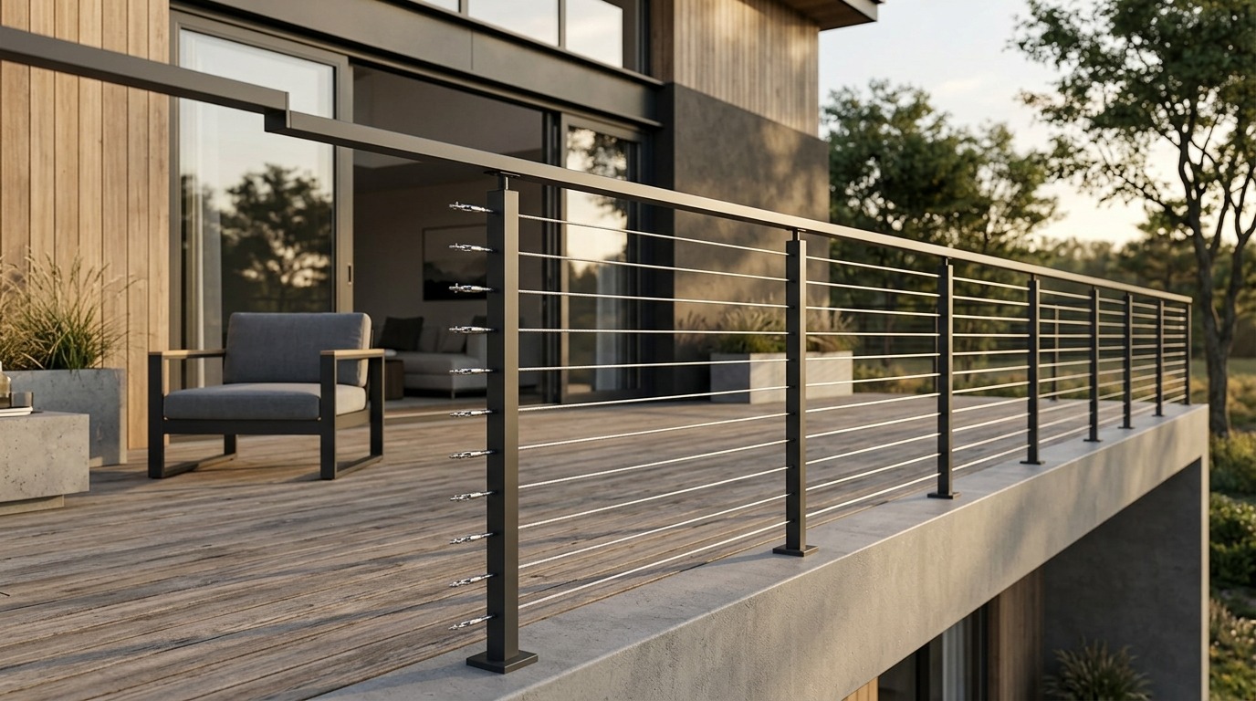 Photorealistic aluminum railing with horizontal stainless steel cable wires, slim aluminum posts, minimalist modern terrace, contemporary house exterior, warm afternoon sunlight, clean architectural photography, sharp focus, 16:9